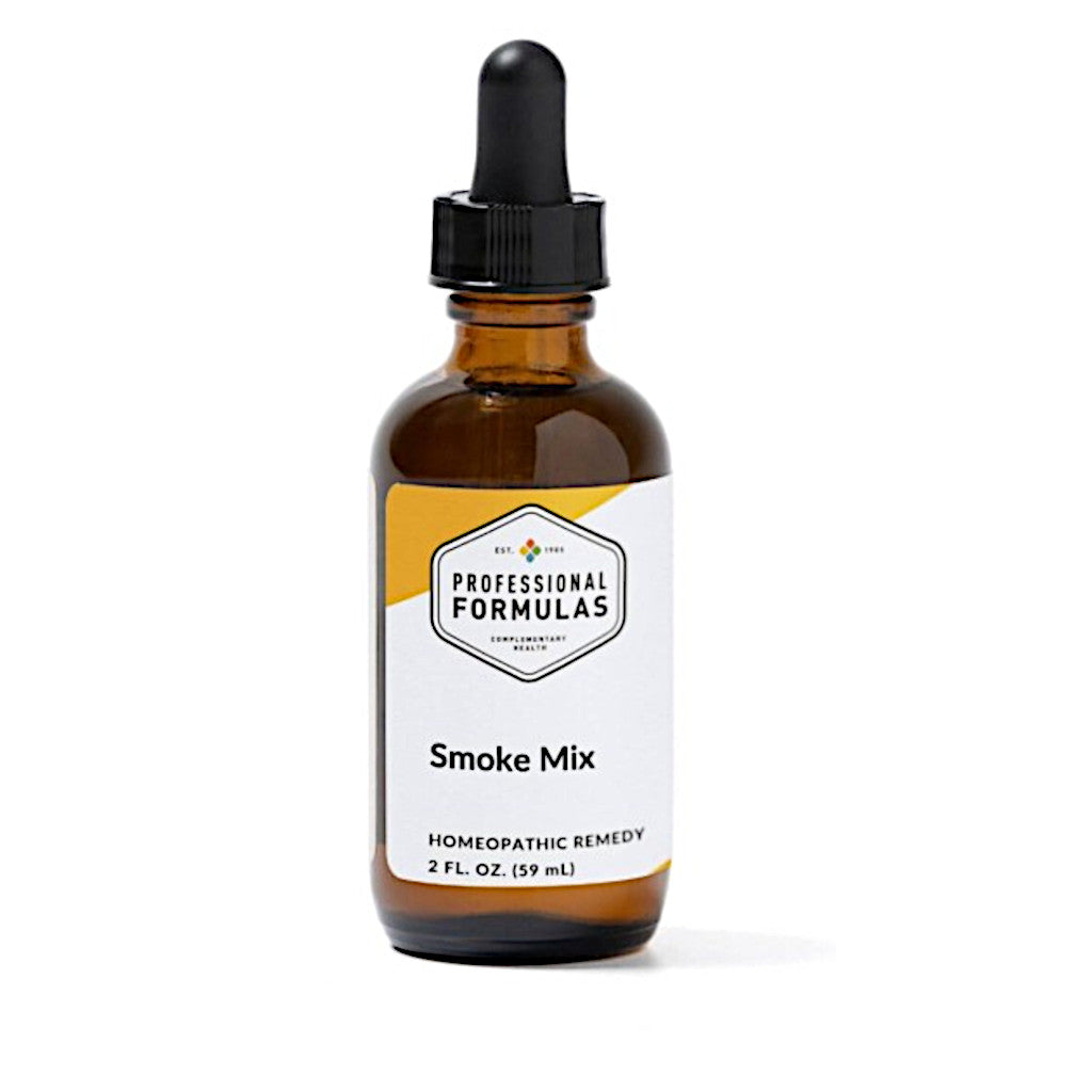Bottle of 'Smoke Mix' homeopathic remedy with a dropper on a white background