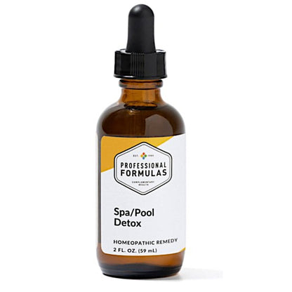 Amber glass bottle with dropper labeled 'Professional Formulas Spa/Pool Detox' on a white background