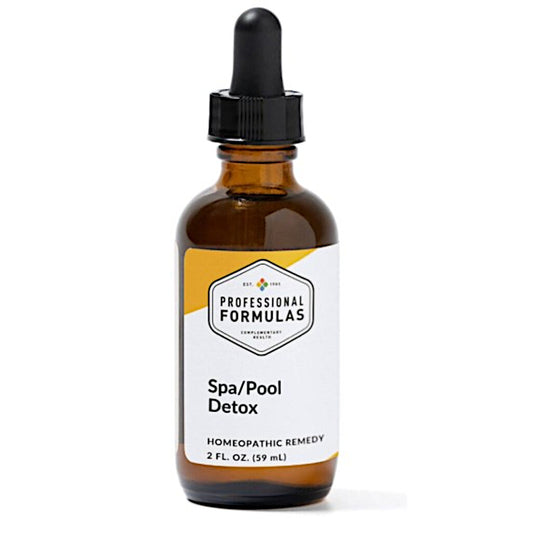 Amber glass bottle with dropper labeled 'Professional Formulas Spa/Pool Detox' on a white background
