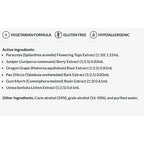 List of active ingredients and product features on a white background