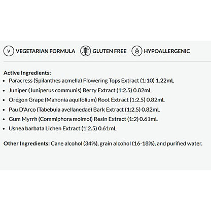 List of active ingredients and product features on a white background