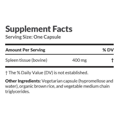 Supplement facts label for a capsule with spleen tissue content on a white background