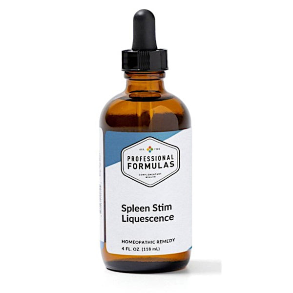 Amber glass bottle with dropper labeled 'Spleen Stim Liquescence' on a white background