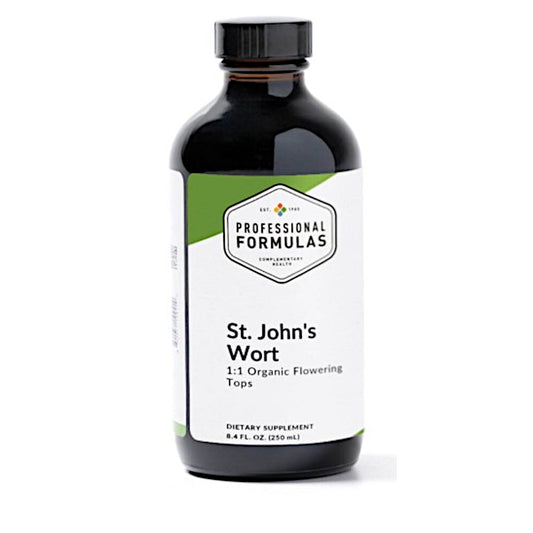 Bottle of St. John's Wort supplement with a white label on a white background