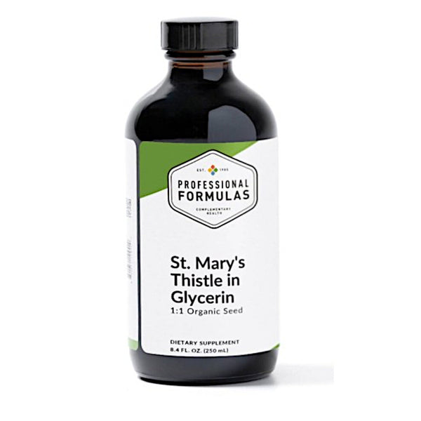Bottle of St. Mary's Thistle in Glycerin with a white label on a white background