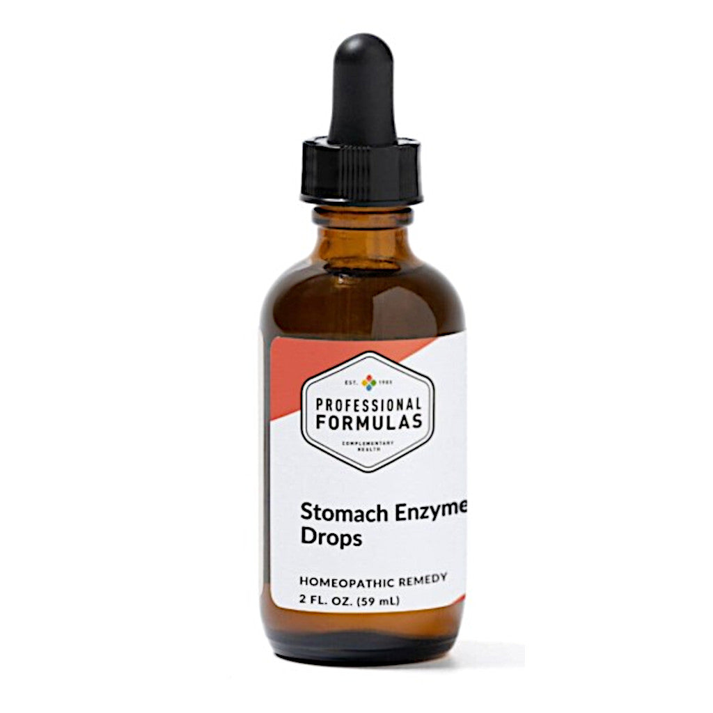 Bottle of Stomach Enzyme Drops with a dropper on a white background