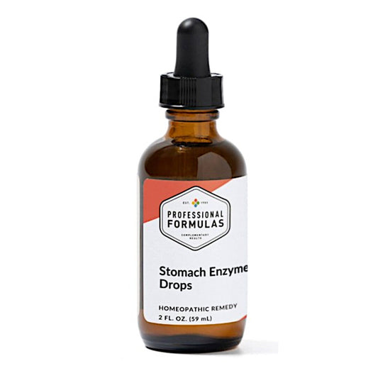 Bottle of Stomach Enzyme Drops with a dropper on a white background