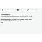 Product label with vegetarian, gluten-free, and hypoallergenic icons, followed by active and other ingredients listed.