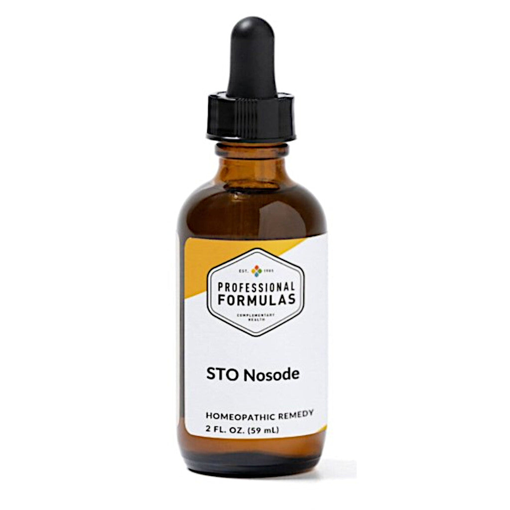 Bottle of STO Nosode homeopathic remedy with a dropper on a white background