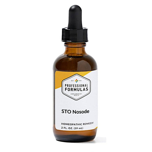 Bottle of STO Nosode homeopathic remedy with a dropper on a white background
