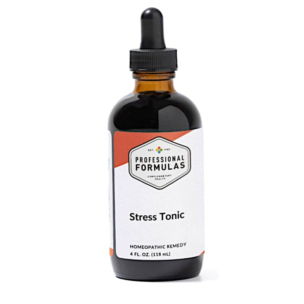 Bottle of 'Stress Tonic' with a dropper labeled 'Professional Formulas' on a white background.