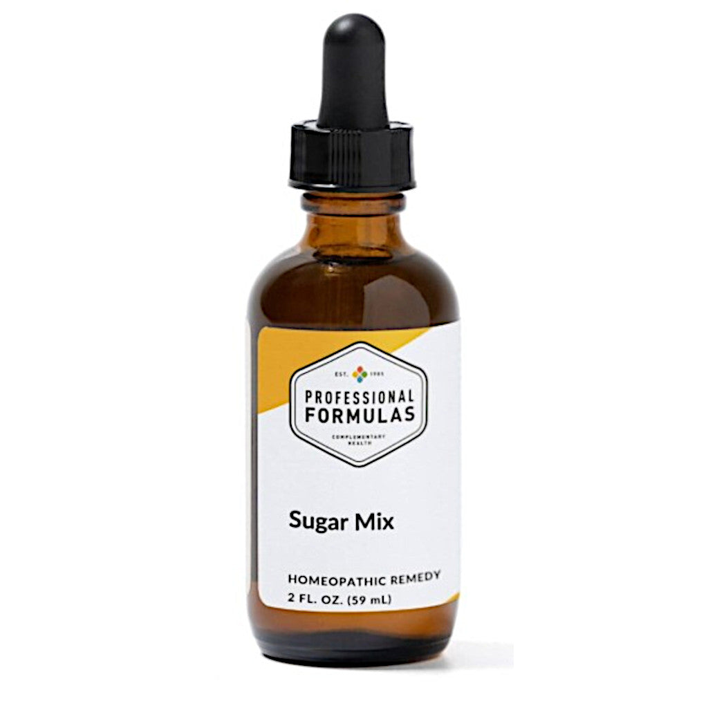 Brown glass bottle with dropper labeled 'Professional Formulas Sugar Mix' on a white background