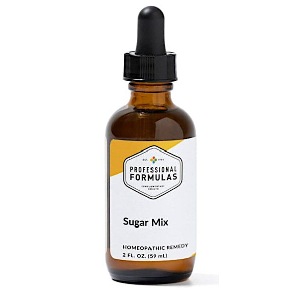 Brown glass bottle with dropper labeled 'Professional Formulas Sugar Mix' on a white background