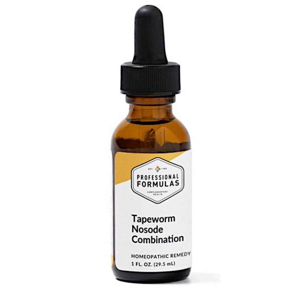 Bottle of Tapeworm Nosode Combination from Professional Formulas on a white background