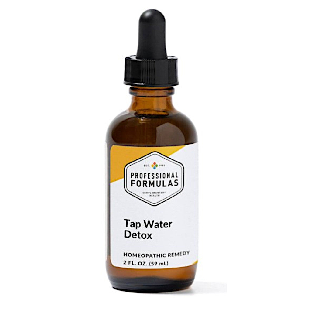 Bottle of 'Tap Water Detox' homeopathic remedy with a dropper on a white background