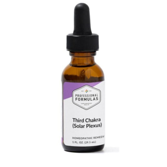 Bottle of 'Third Chakra (Solar Plexus)' homeopathic remedy with a dropper on a white background