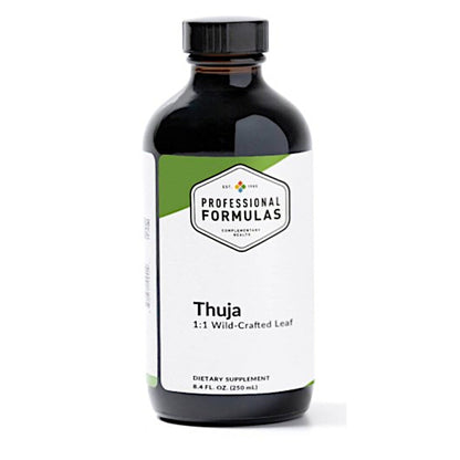 Bottle of Professional Formulas Thuja supplement on a white background