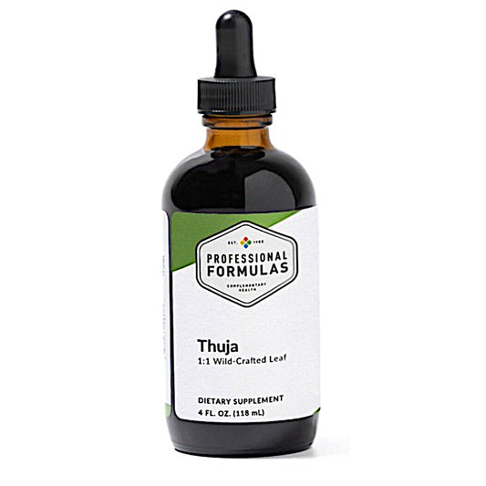 Bottle of Professional Formulas Thuja dietary supplement on a white background