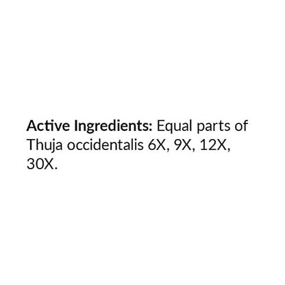 Text on a white background listing active ingredients with Thuja occidentalis concentrations.