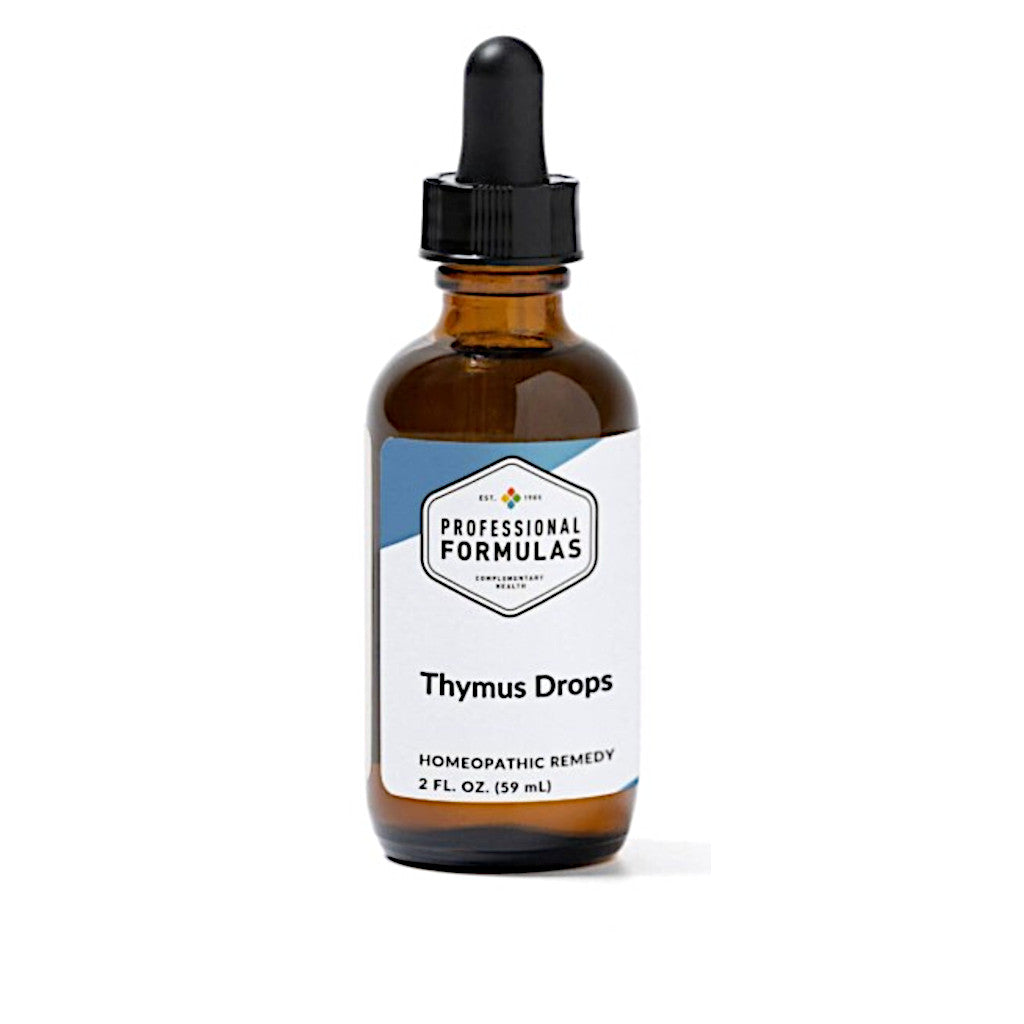 Amber glass bottle with dropper labeled 'Thymus Drops' on a white background