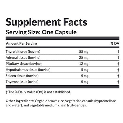 Supplement facts label with listed ingredients and their amounts per serving.