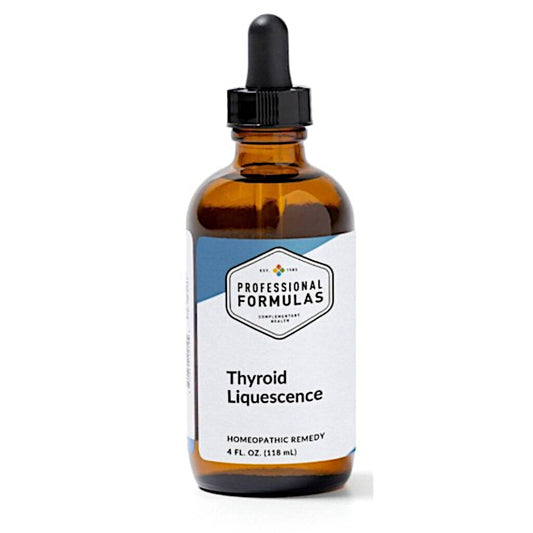Amber glass bottle with dropper labeled 'Thyroid Liquescence' on a white background
