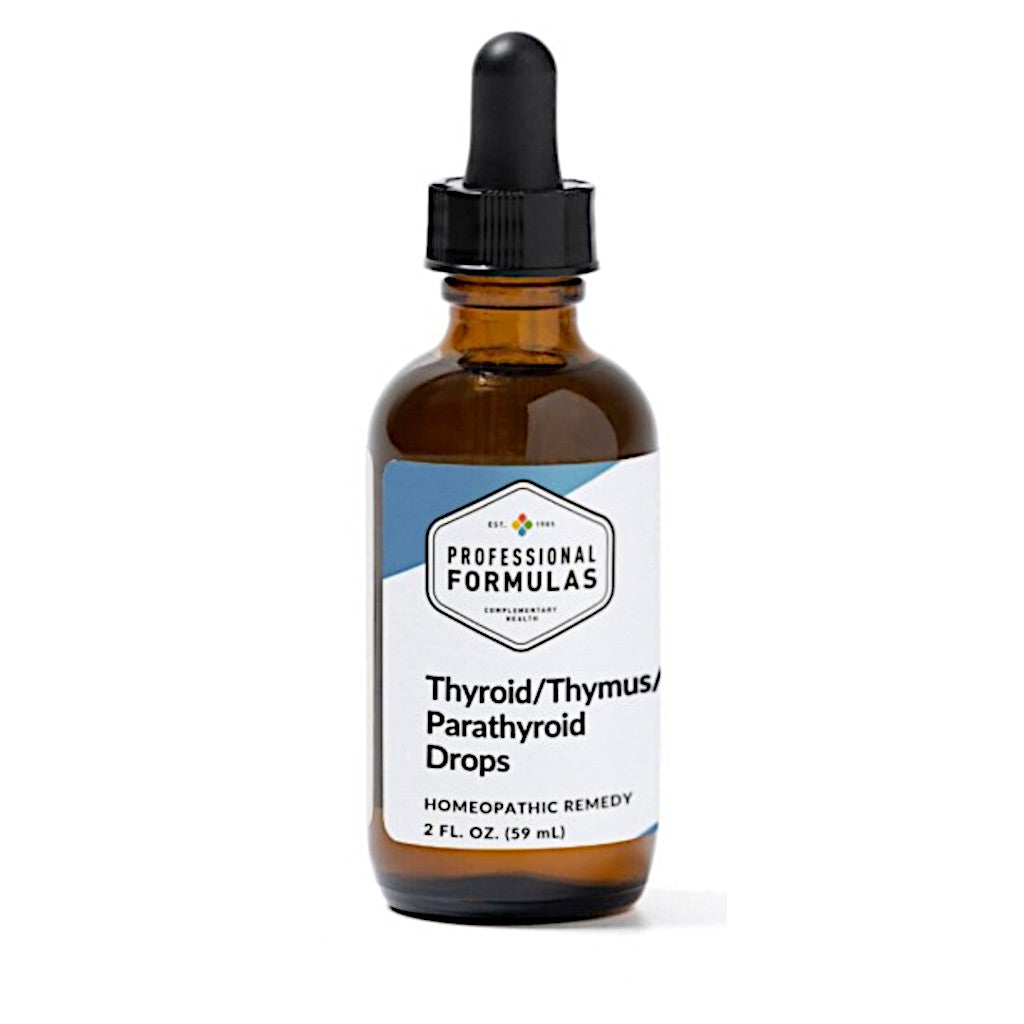 Bottle of Thyroid/Thymus/Parathyroid Drops with a dropper on a white background