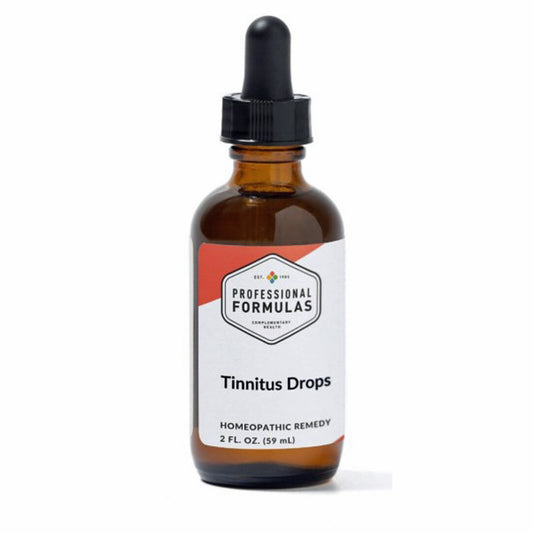 Bottle of Tinnitus Drops with a dropper on a white background
