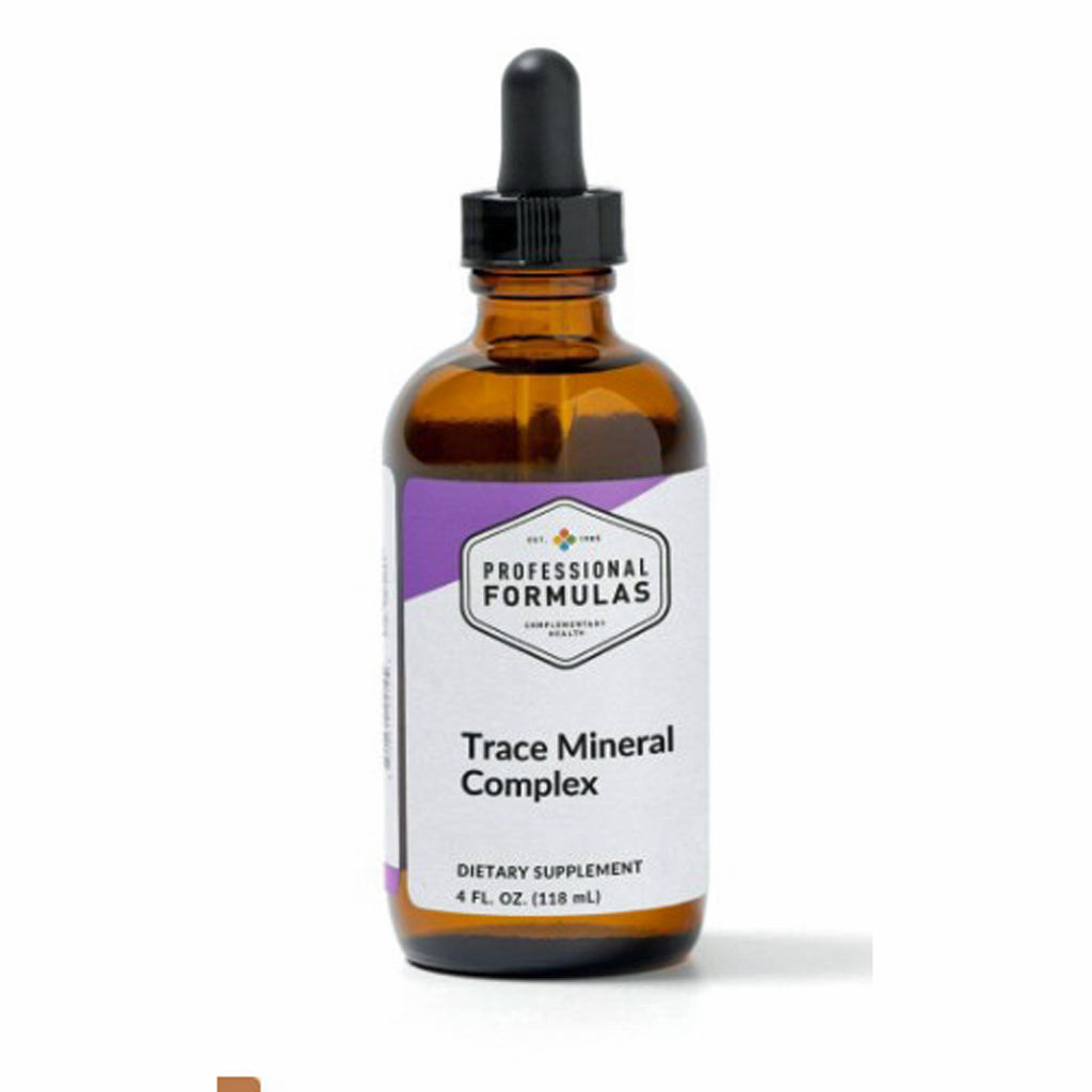 Bottle of Trace Mineral Complex supplement with dropper on a white background