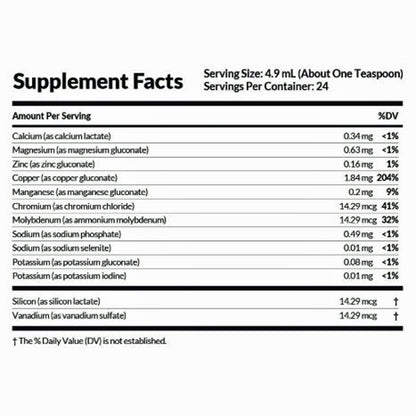 Supplement facts label with various minerals and their amounts per serving.