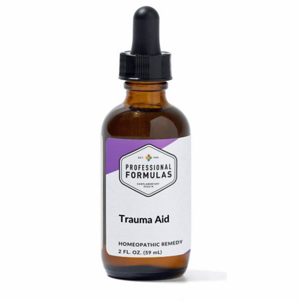 Bottle of 'Trauma Aid' homeopathic remedy with a dropper on a white background