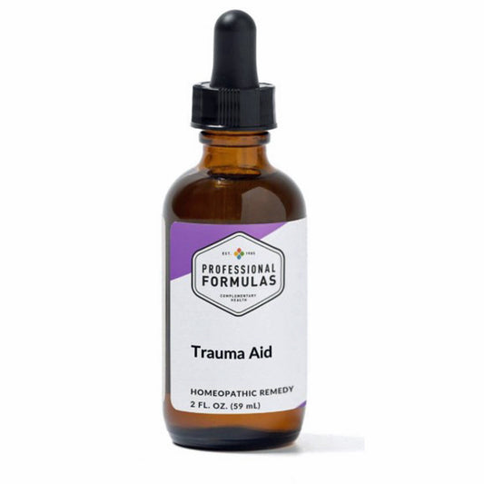 Bottle of 'Trauma Aid' homeopathic remedy with a dropper on a white background