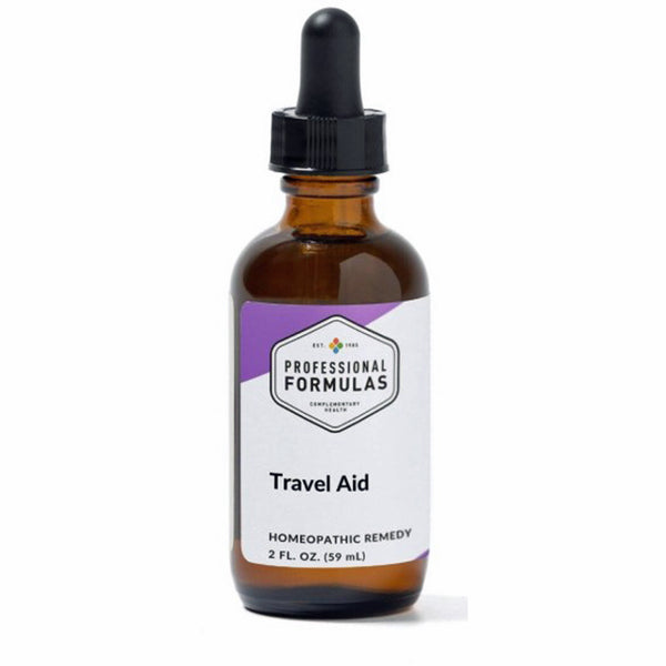 Brown glass bottle with dropper labeled 'Travel Aid' by 'Professional Formulas' on a white background