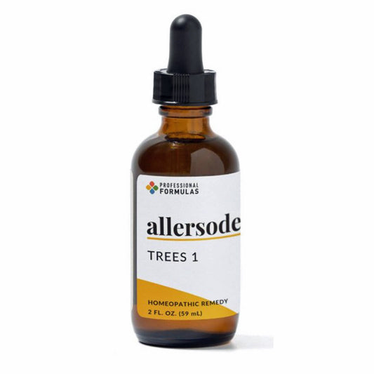 Bottle of Allersode Trees 1 homeopathic remedy with a dropper on a white background