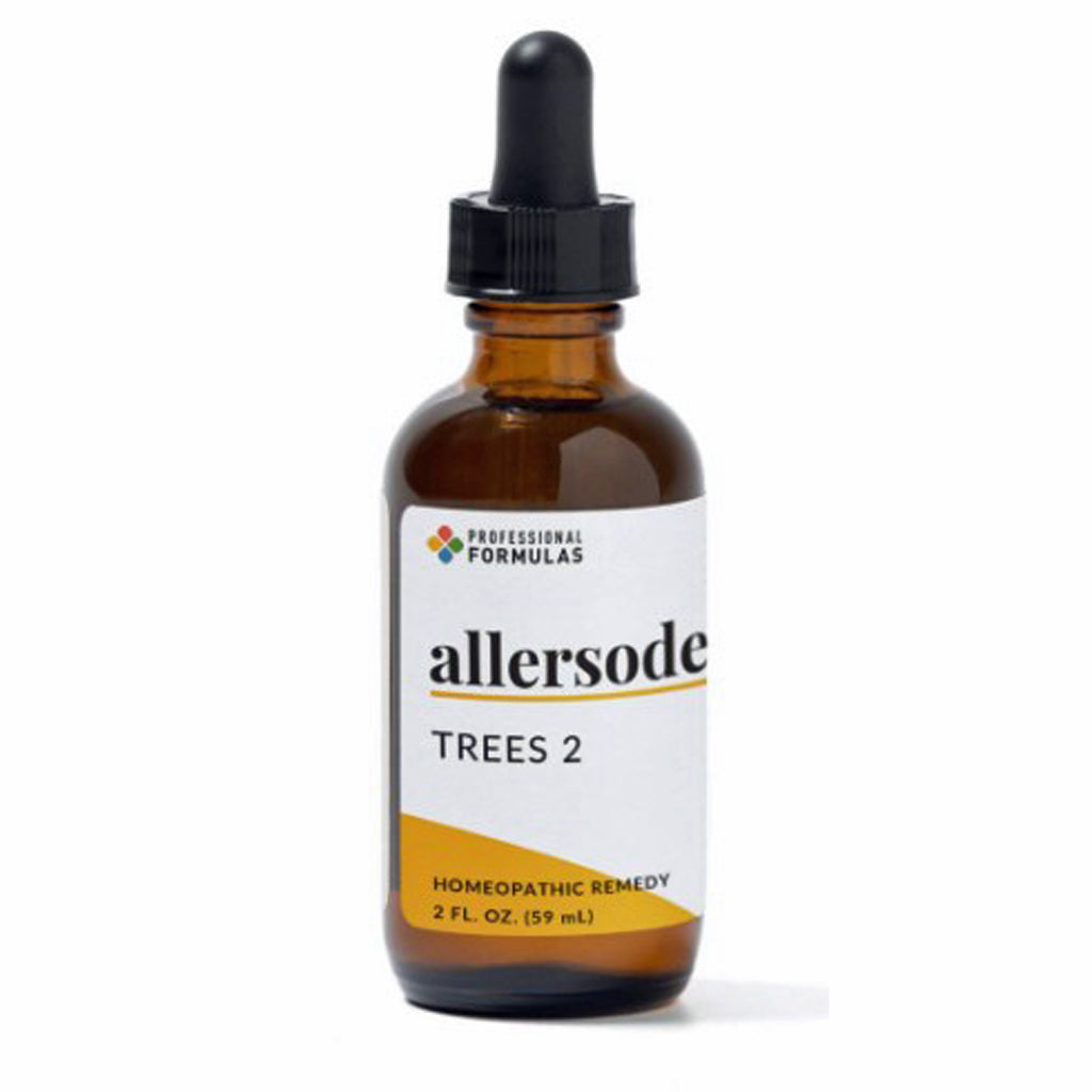 Brown glass bottle with dropper labeled 'allersode Trees 2' on a white background