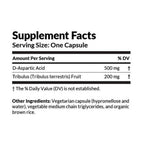 Supplement facts label with D-Aspartic Acid and Tribulus Terrestris Fruit on a white background