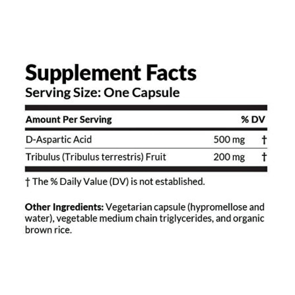 Supplement facts label with D-Aspartic Acid and Tribulus Terrestris Fruit on a white background