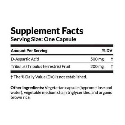Supplement facts label with D-Aspartic Acid and Tribulus Terrestris Fruit on a white background