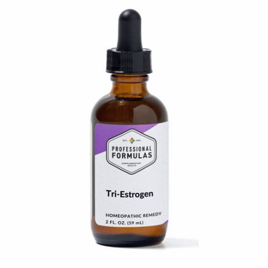 Amber glass bottle with a dropper labeled 'Tri-Estrogen' on a white background