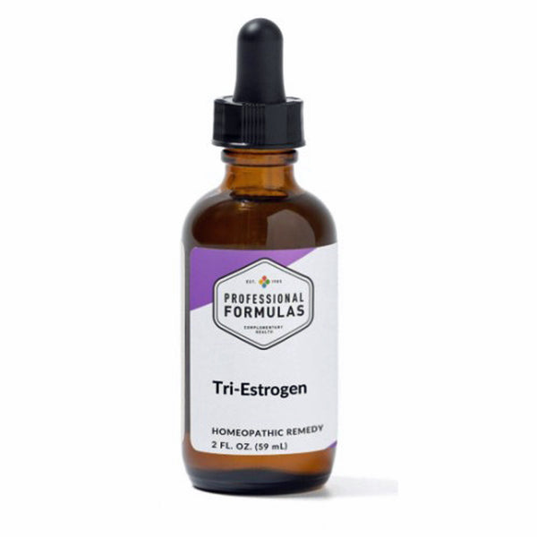 Amber glass bottle with a dropper labeled 'Tri-Estrogen' on a white background