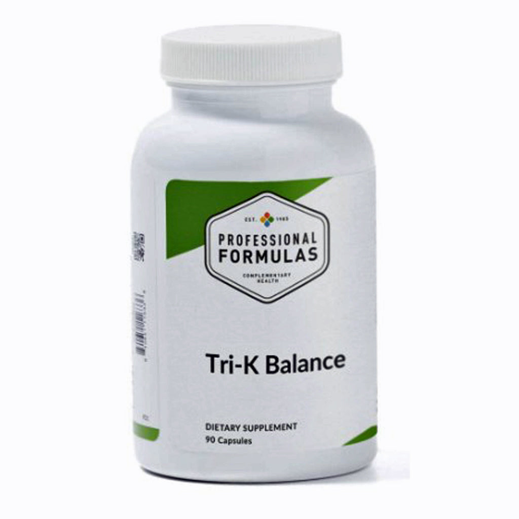 Supplement bottle labeled 'Tri-K Balance' by 'Professional Formulas' on a white background