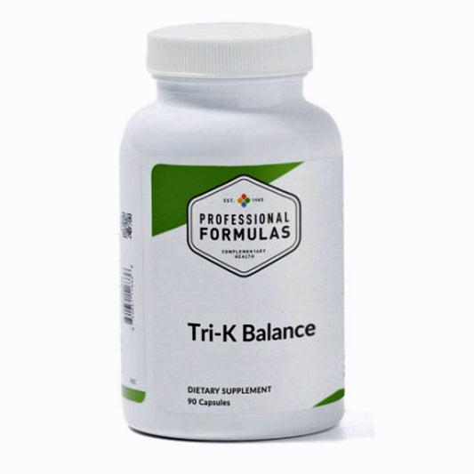 Supplement bottle labeled 'Tri-K Balance' by 'Professional Formulas' on a white background