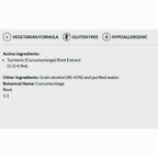 Product label with active and other ingredients, vegetarian, gluten-free, and hypoallergenic indicators.