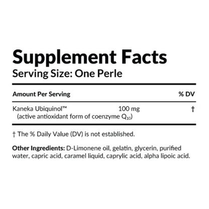 Supplement facts label with Kaneka Ubiquinol and other ingredients on a white background
