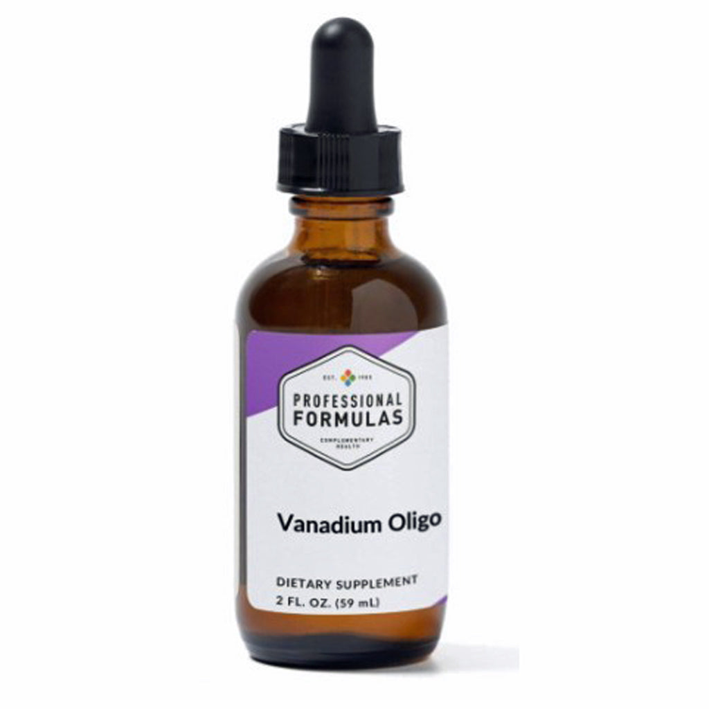Bottle of Vanadium Oligo dietary supplement with a dropper on a white background