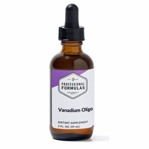 Bottle of Vanadium Oligo dietary supplement with a dropper on a white background