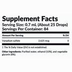 Supplement facts label with serving size and ingredient details on a white background