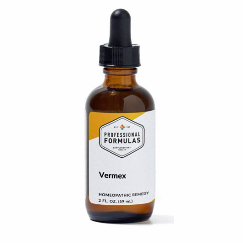 Brown glass bottle with dropper labeled 'Professional Formulas Vermex' on a white background