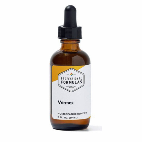 Brown glass bottle with dropper labeled 'Professional Formulas Vermex' on a white background