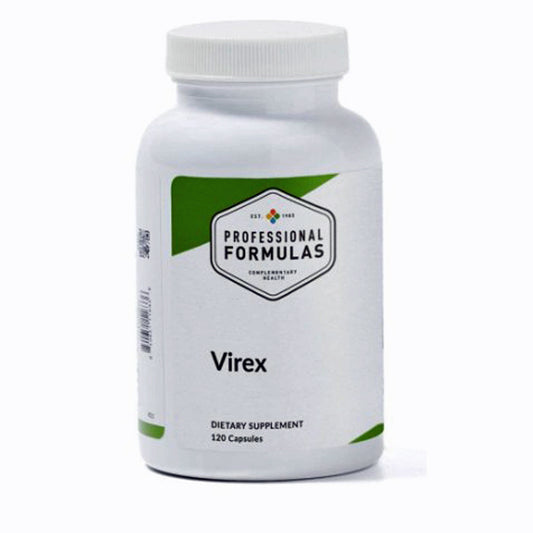 Supplement bottle labeled 'Virex' by 'Professional Formulas' on a white background